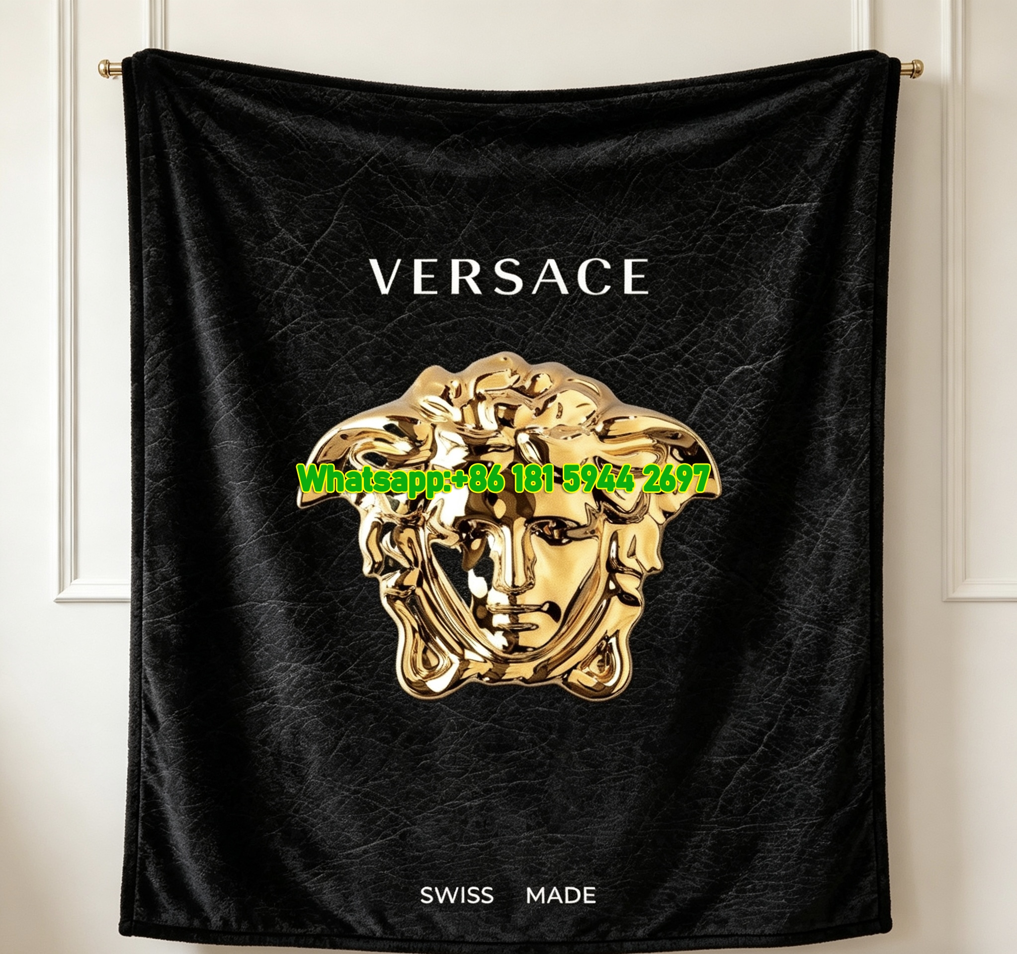 Black Leather and Gold Versace 3D Medusa Logo Fleece Throw Blanket IMG_1372